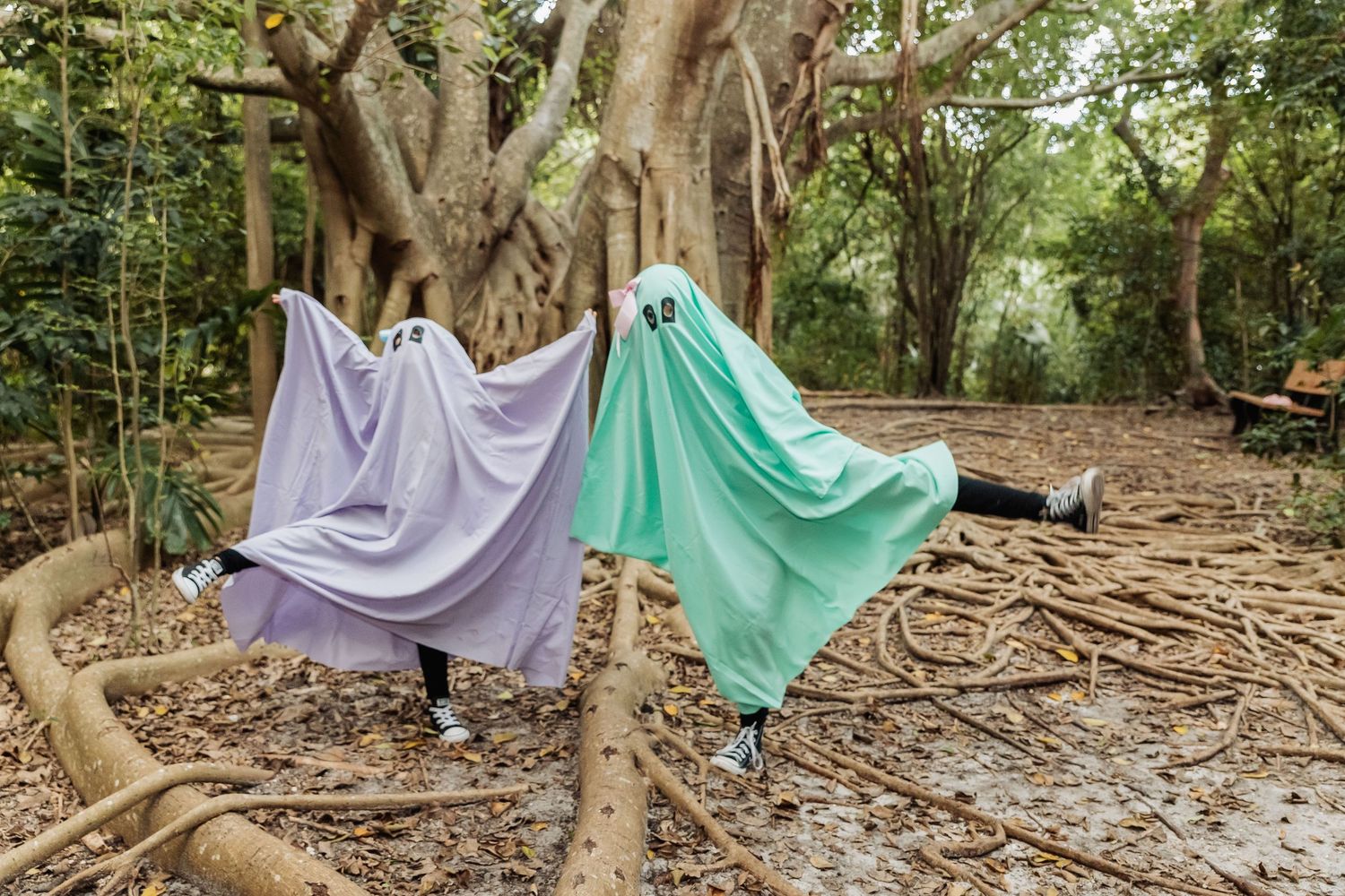 Colorful sheets hanging on clotheslines between trees in a lush forest setting create a dreamy outdoor scene.