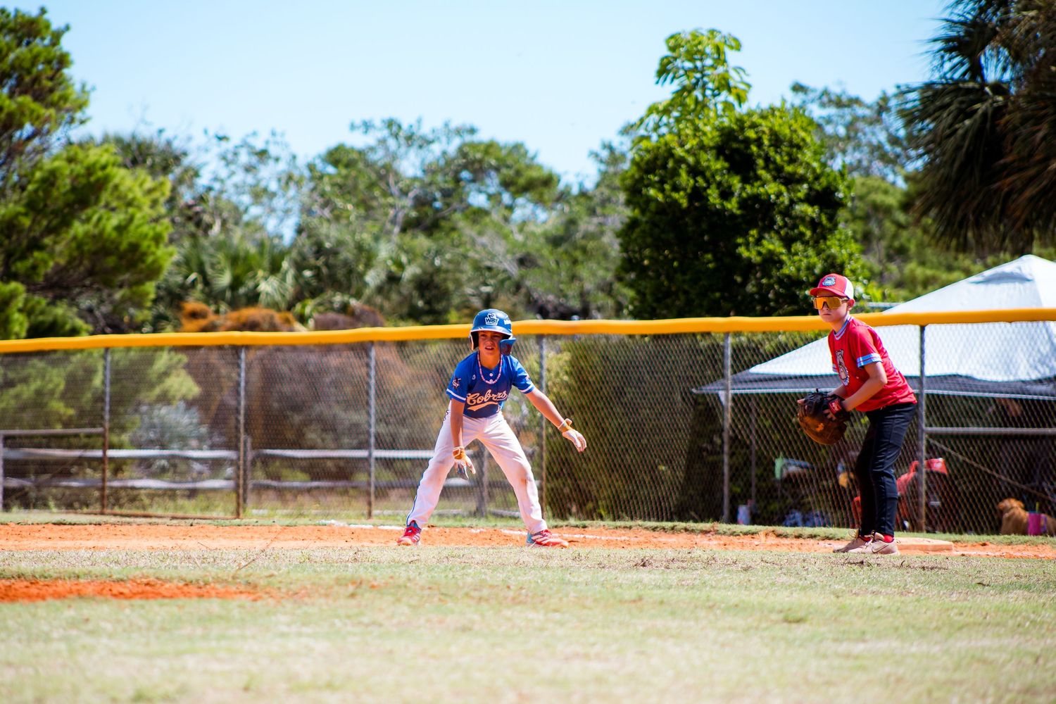 Youth baseball players in action with one running between bases during a game.