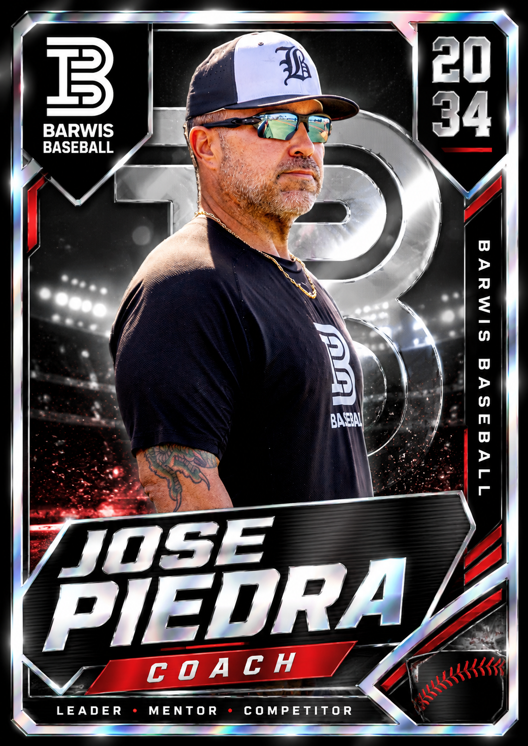 Barwis Baseball trading card featuring Coach Jose Piedra, labeled Leader, Mentor, Competitor, with a sleek silver design.
