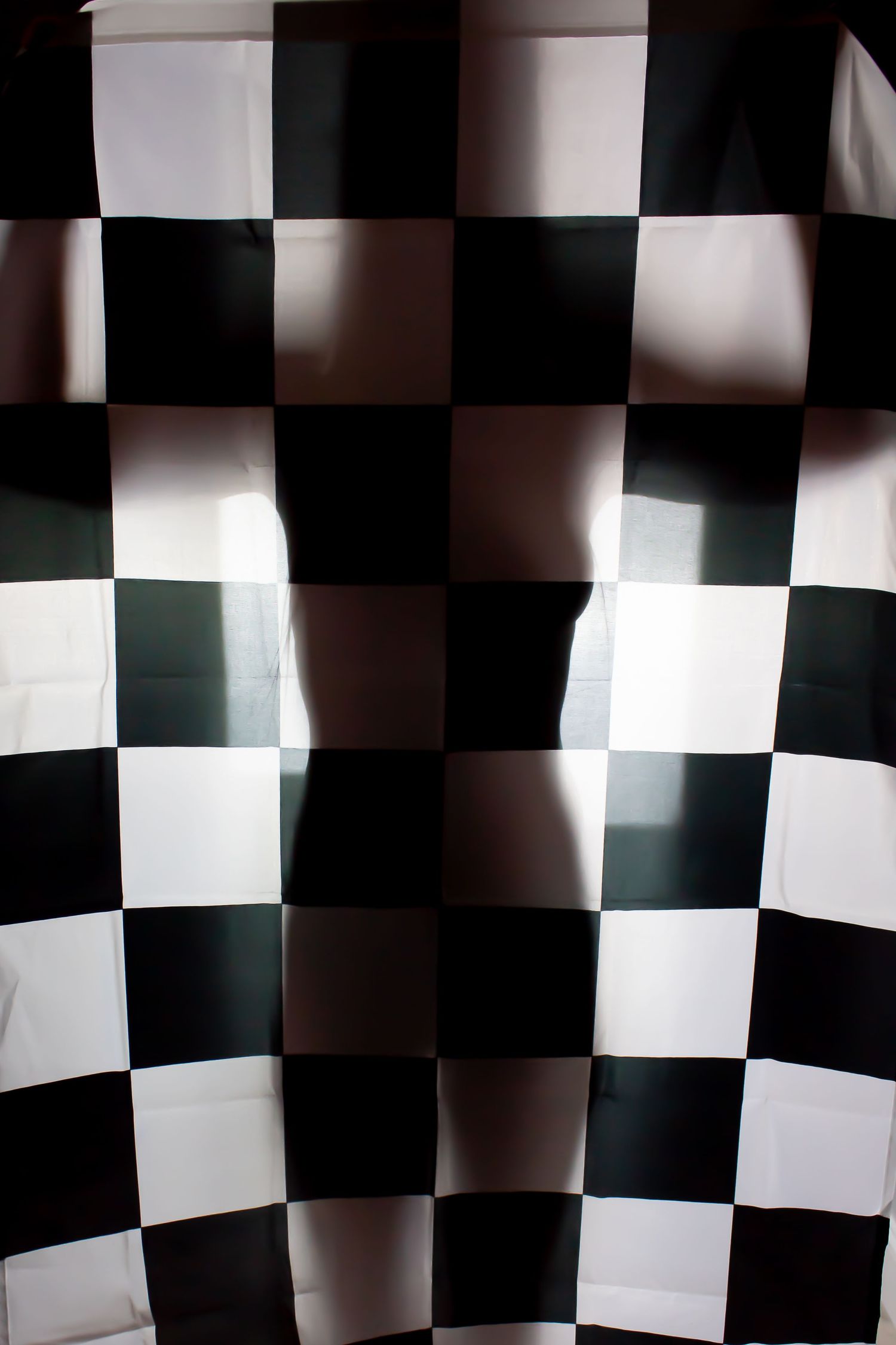 Black and white checkered pattern with curved surface creating abstract geometric shadows and dimensions.