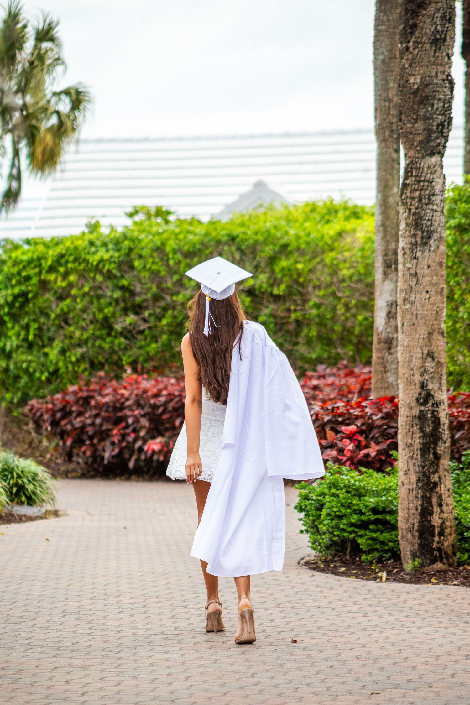 A graduate in white cap and gown walks along a brick path surrounded by lush tropical greenery.