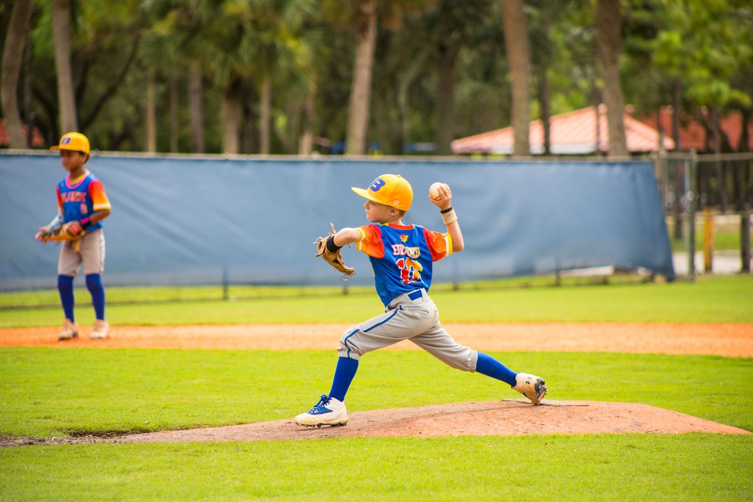 Baseball pitcher in blue uniform displays perfect form during windup on sunny field.