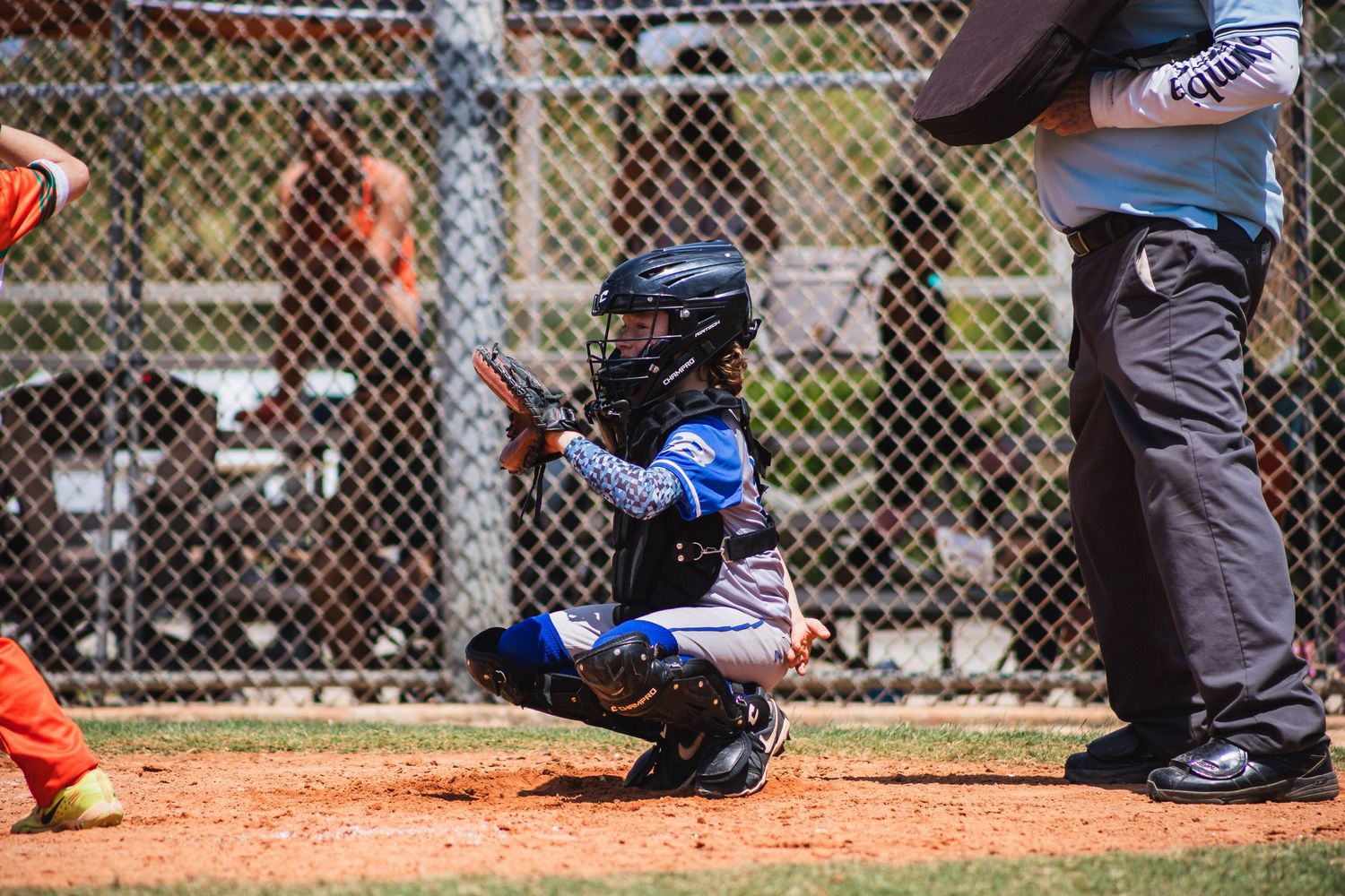 Young baseball catcher in blue uniform and protective gear crouches behind home plate during a youth baseball game.