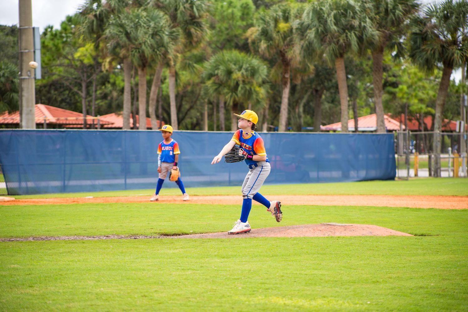Baseball pitcher in blue uniform mid-delivery on outdoor field with palm trees in background.