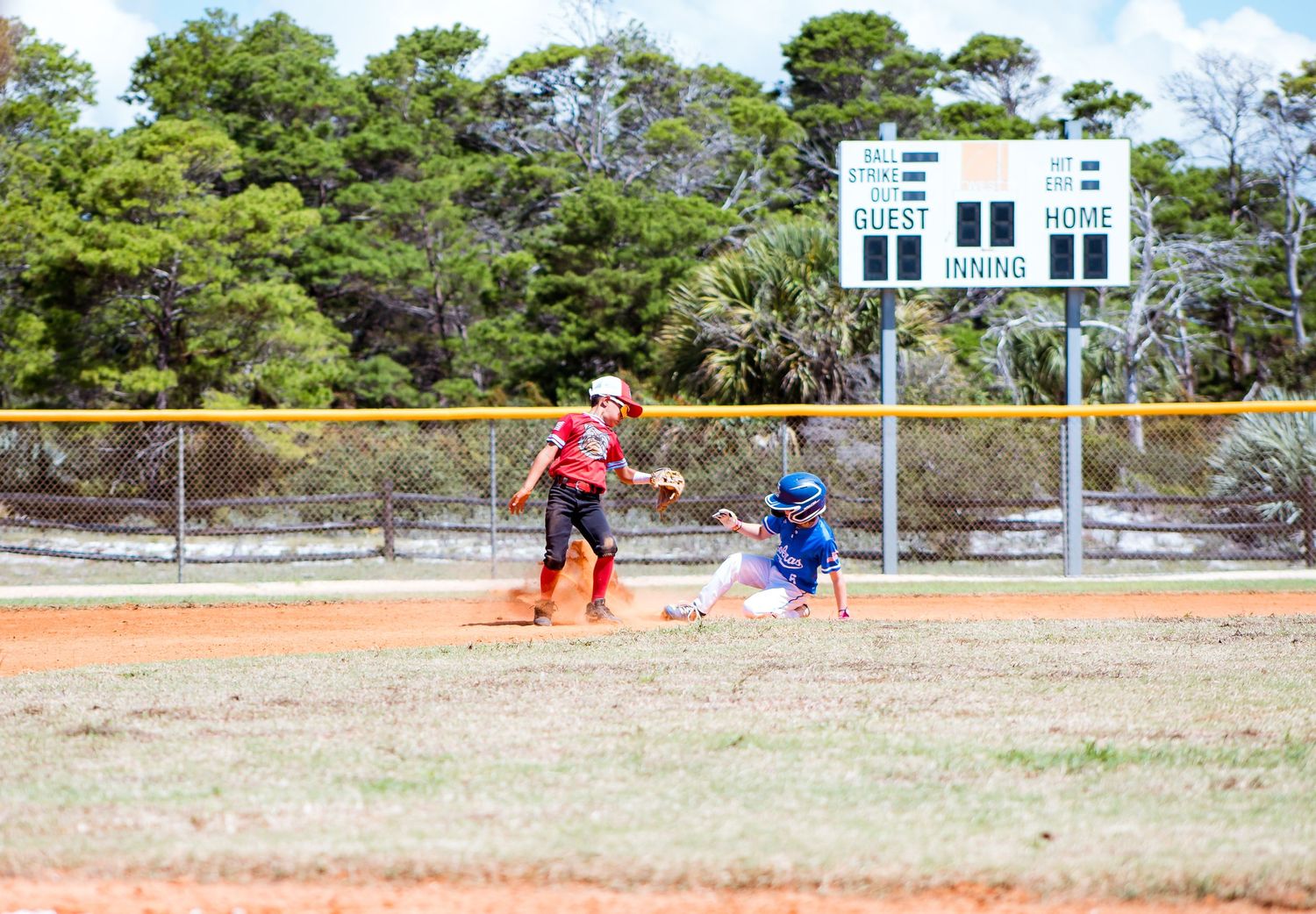 Wide angle view of a baseball field with players during a game against a backdrop of trees and palm foliage.