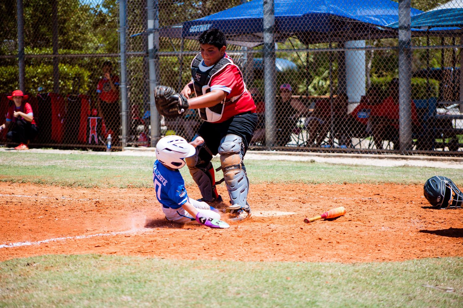 Baseball game action with blue canopy and spectators visible along the sidelines.