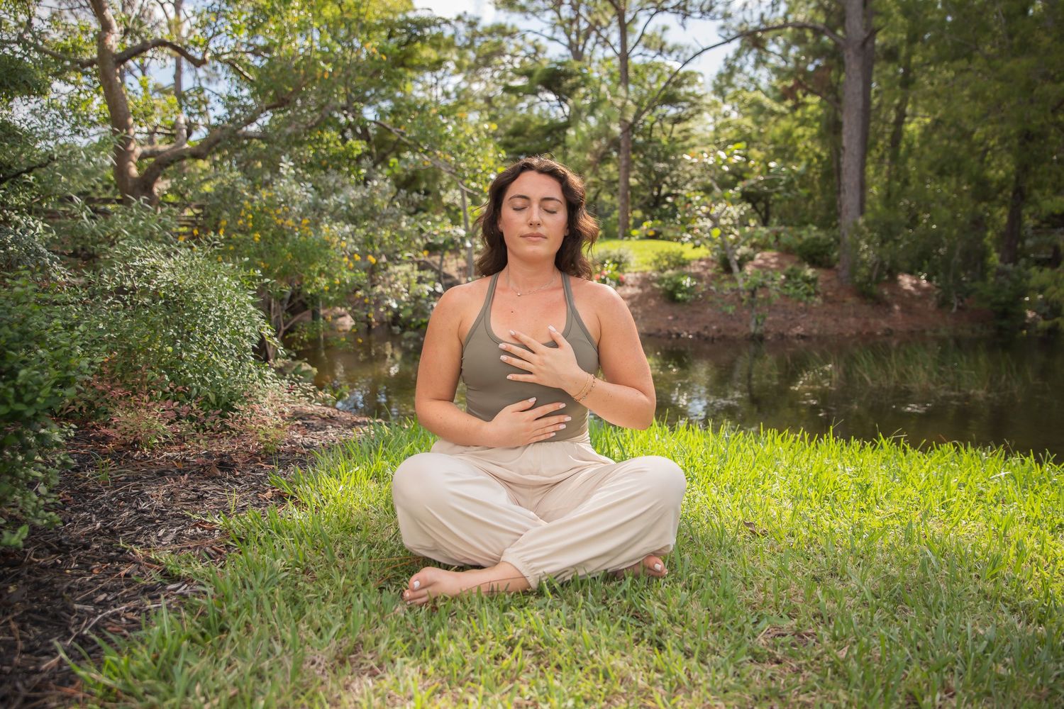 A sequence of photos shows someone sitting in a peaceful garden setting enjoying a sunny day in nature.