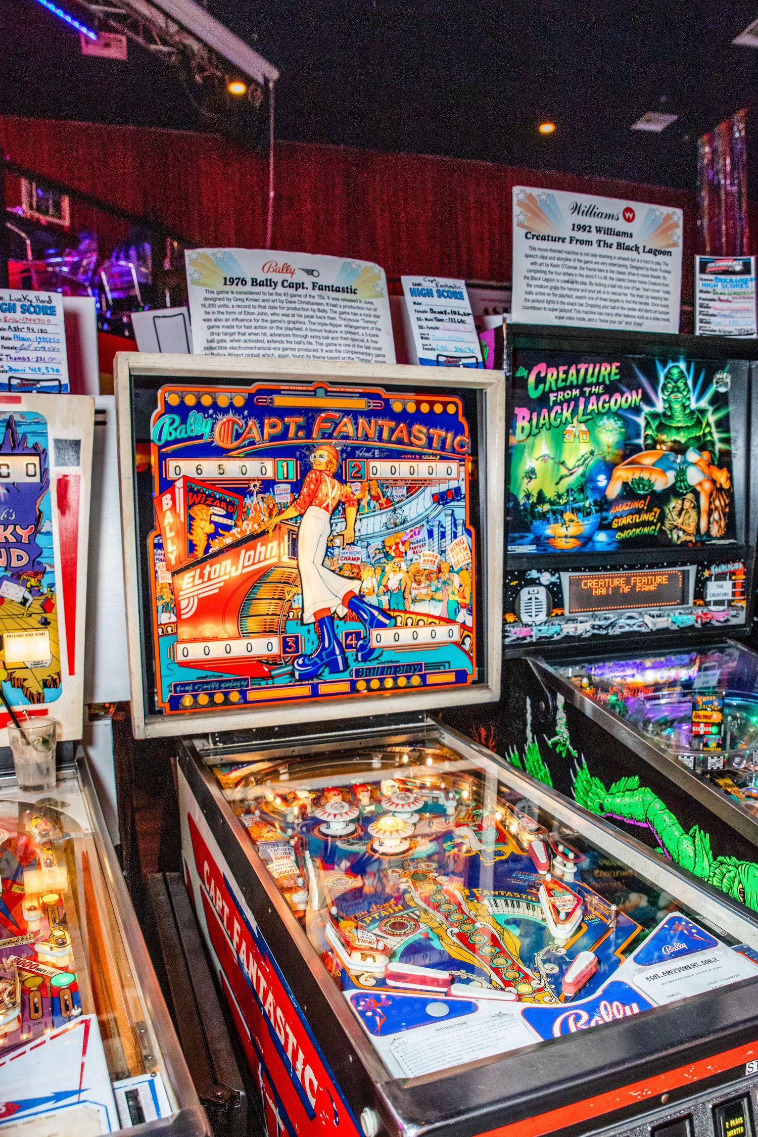 The image depicts a pinball machine with a colorful, fantasy-themed display in a dimly lit arcade or game room.