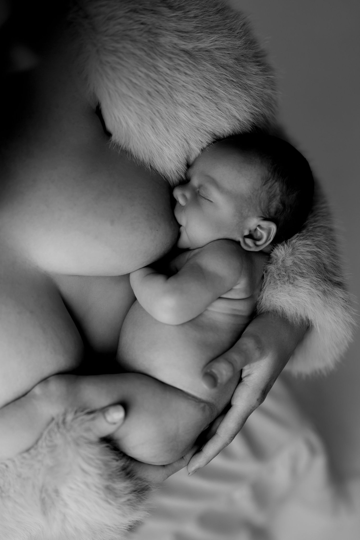 Black and white photo of a sleeping newborn baby cradled in a parent's arms on a soft fur blanket.