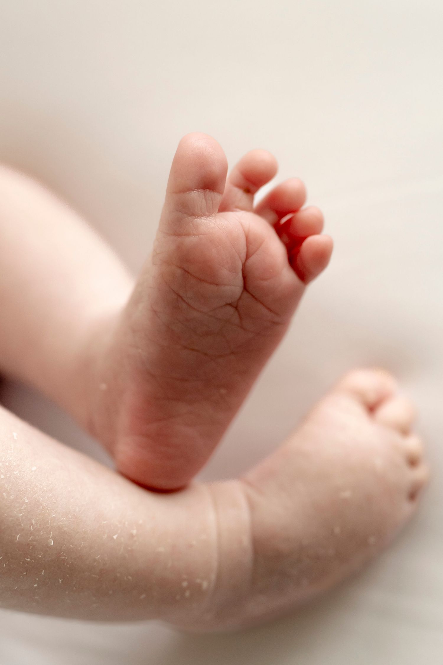 Close-up of tiny newborn baby feet with wrinkled skin and small toes on a soft white background.
