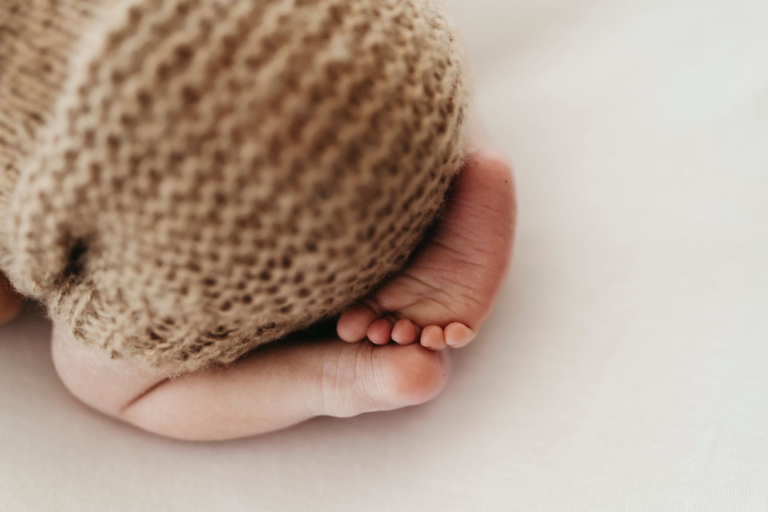Tiny newborn baby feet wrapped in soft beige knit fabric against white background.