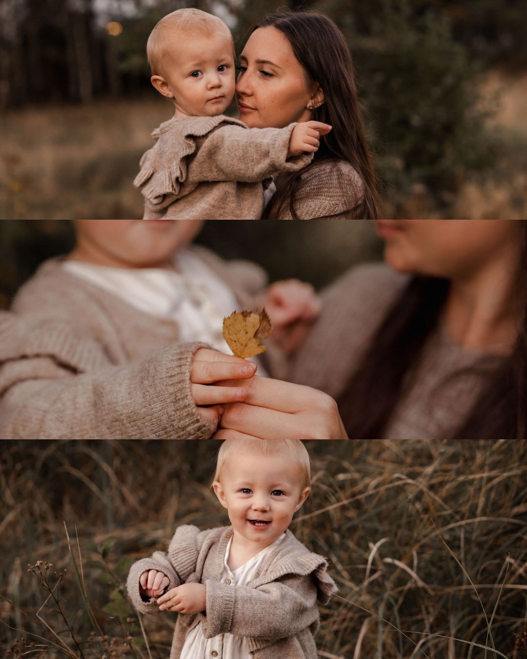 Heartwarming autumn photo collage showing tender family moments and a baby holding a golden leaf outdoors at sunset.