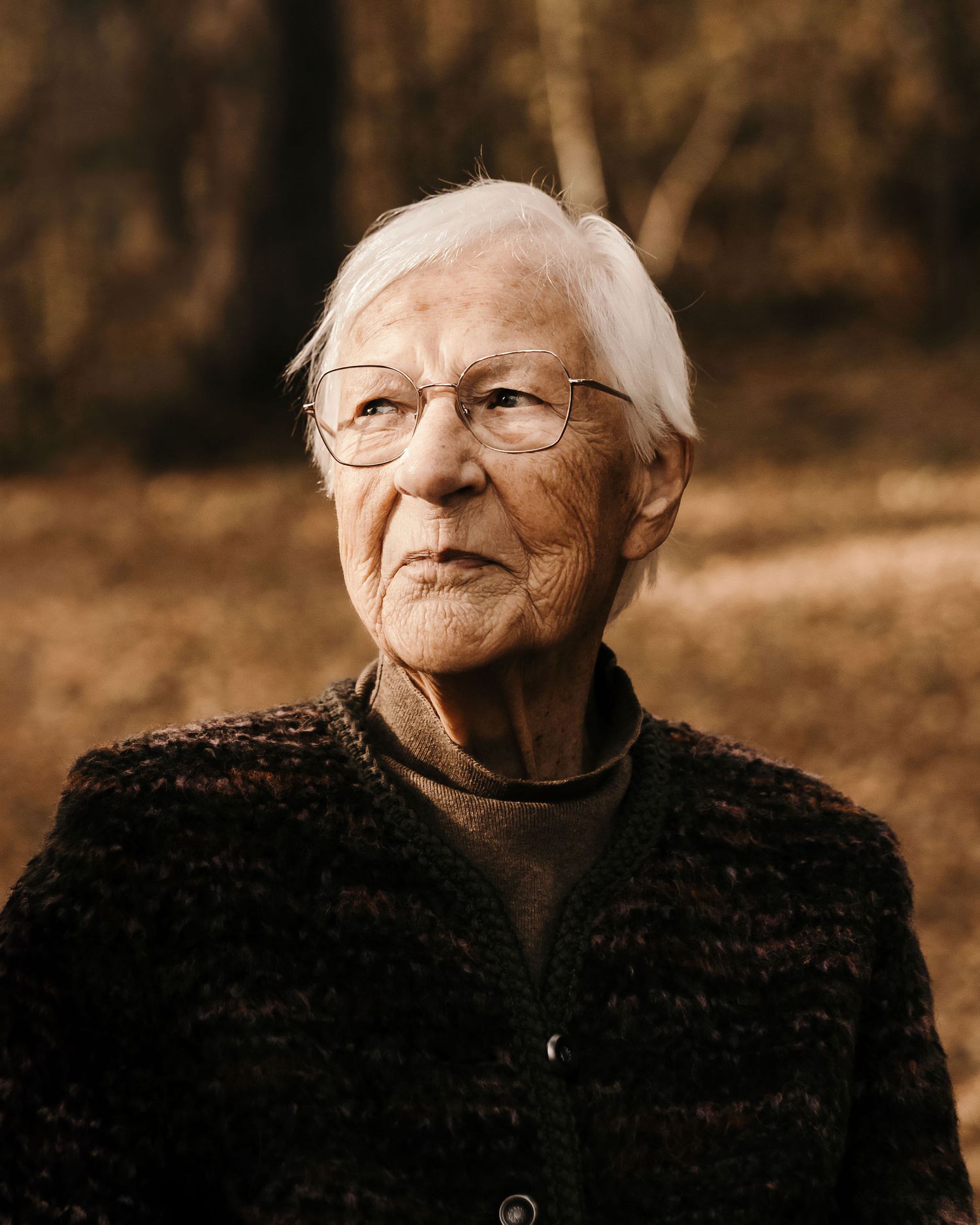 Portrait of an elderly person wearing glasses and a dark sweater against an autumn colored background.