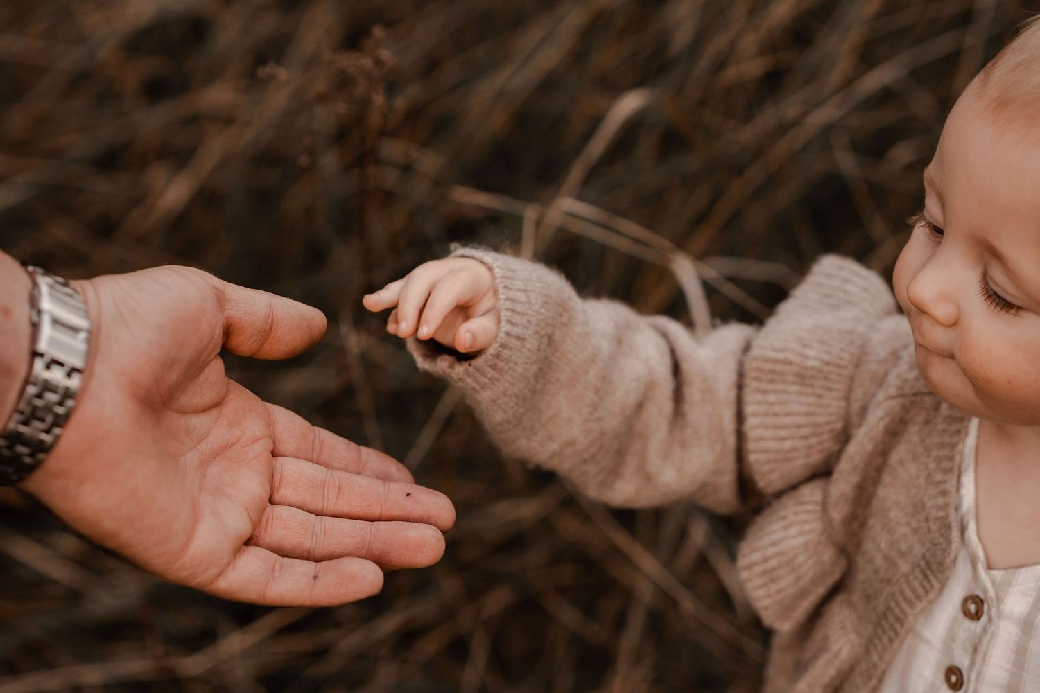 Close-up shot of a small child's hand reaching toward an adult's palm in warm lighting.