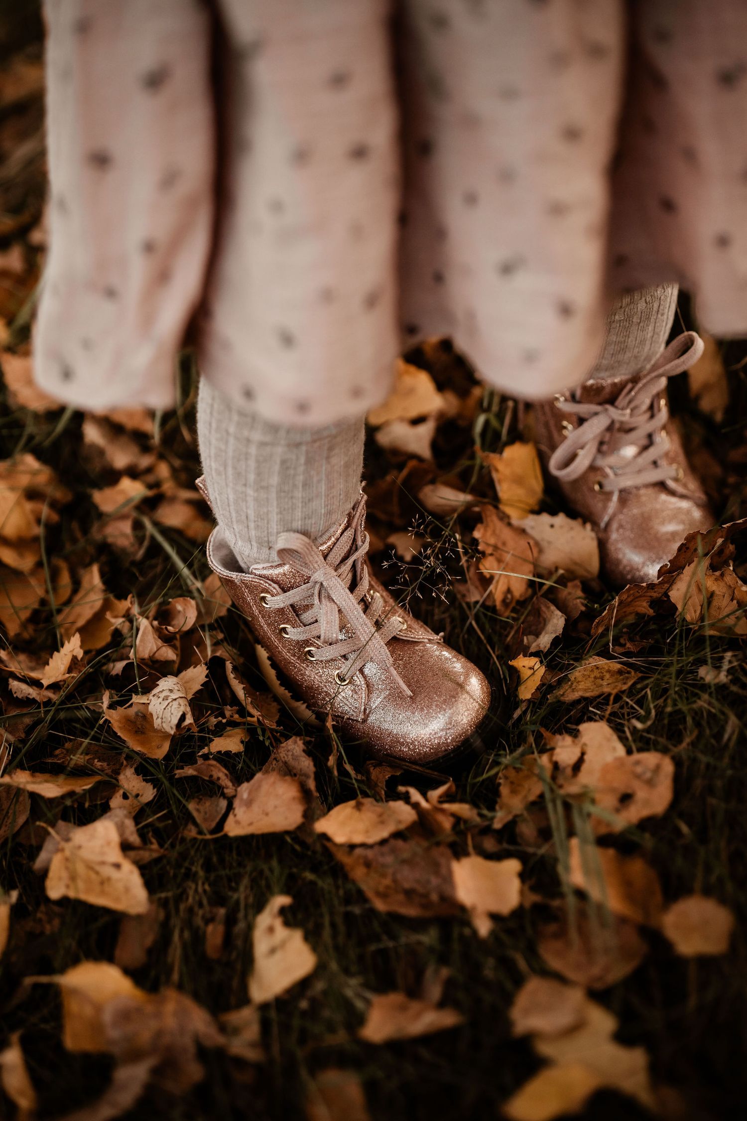 Vintage-style lace-up boots stand among fallen autumn leaves on the ground.