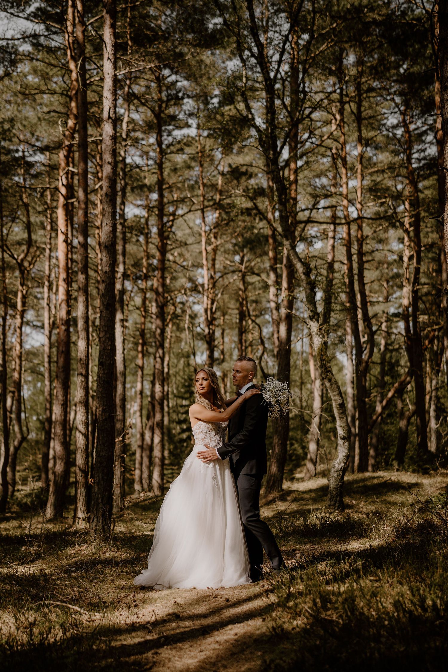 A romantic wedding photo captures a couple embracing in a sunlit pine forest.