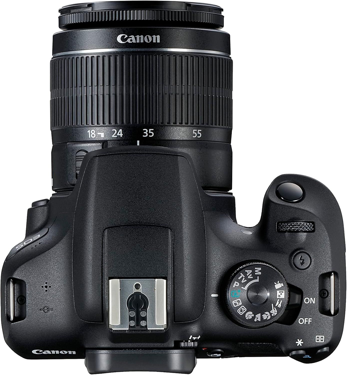 Top view of Canon DSLR camera with 18-55mm zoom lens, black body, mode dial, and hot shoe mount visible.