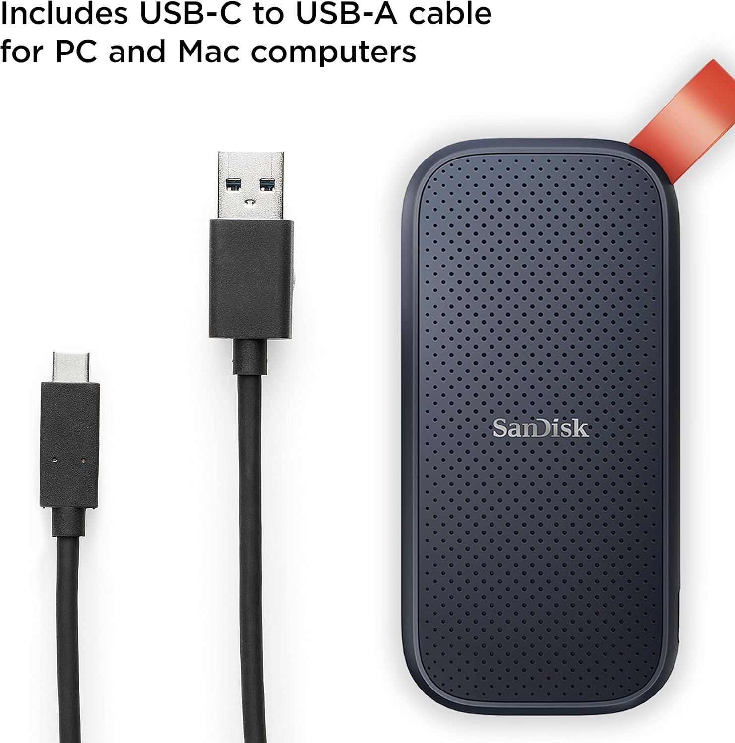 SanDisk portable SSD with USB-C to USB-A cable included, compatible with PC and Mac computers.