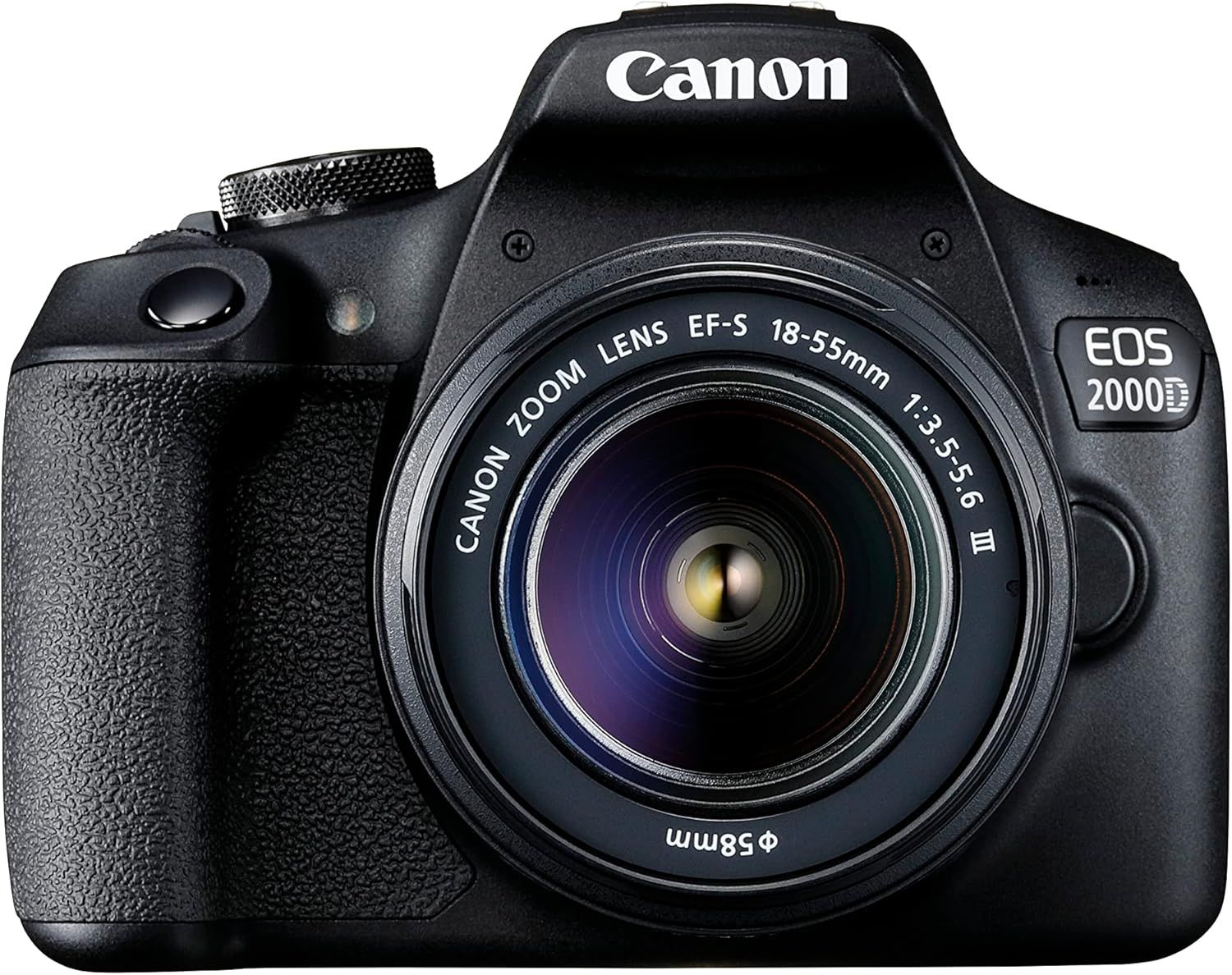 Canon EOS 2000D DSLR camera with EF-S 18-55mm f/3.5-5.6 III zoom lens, shown in black from front angle.