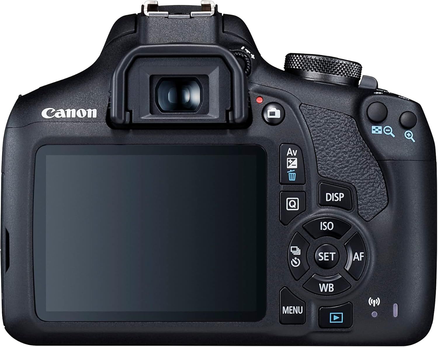 Canon DSLR camera rear view showing LCD screen, viewfinder, and control buttons on black body.