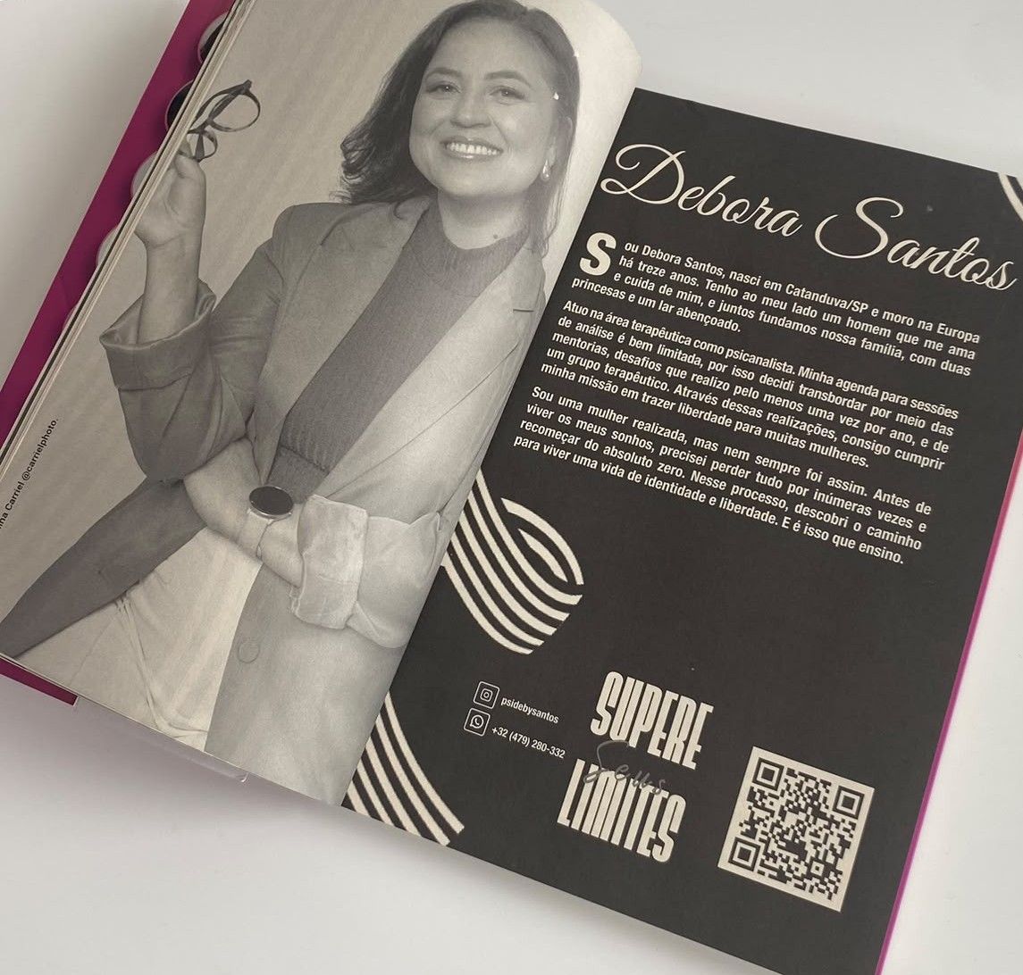 Open book featuring a black and white photo of Debora Santos with pink accents and a QR code on the right page.