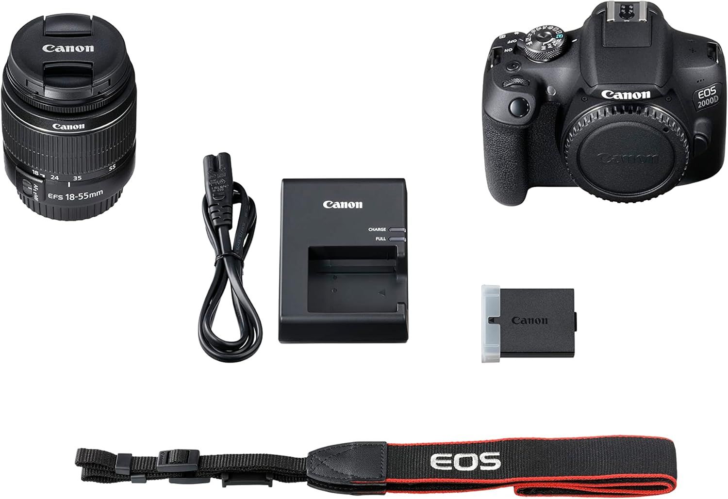 Canon EOS DSLR camera kit with 18-55mm lens, battery charger, LP-E10 battery, USB cable, and red EOS neck strap.