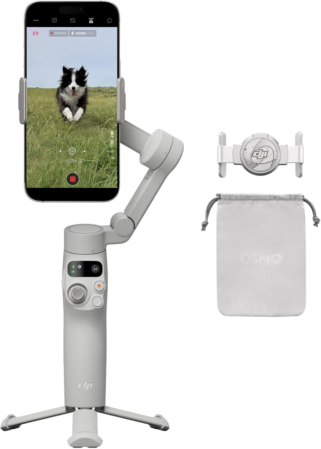 DJI OM 6 smartphone gimbal stabilizer in gray with phone mount, magnetic clamp, carrying pouch, and built-in tripod.