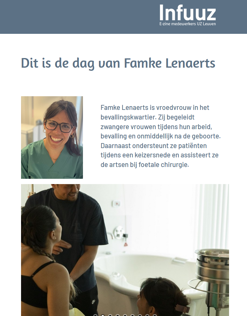 Midwife Famke Lenaerts in scrubs smiling in a maternity ward, assisting with patient care.