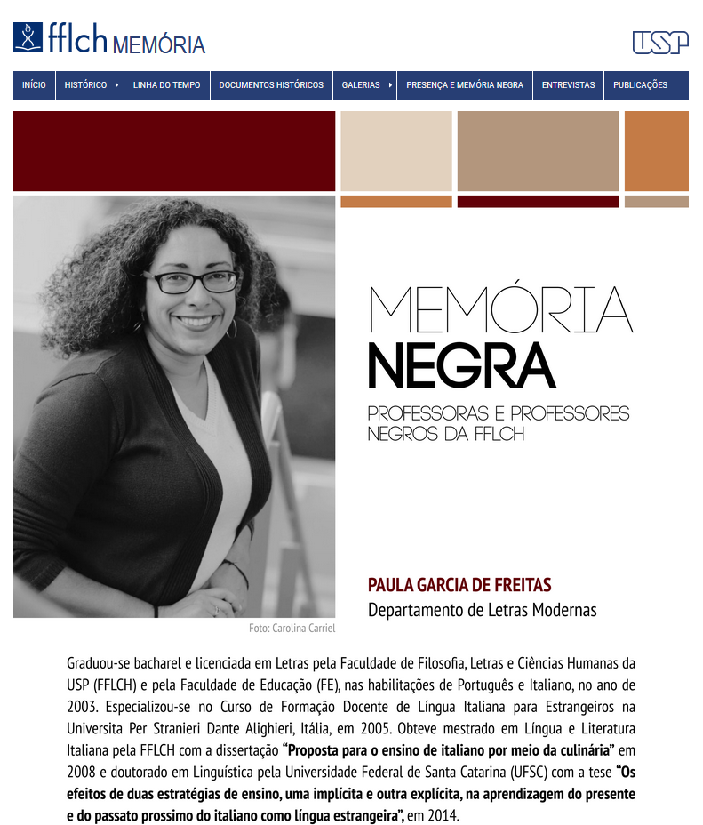 Paula Garcia de Freitas, Black Brazilian professor at FFLCH USP, featured in Memória Negra exhibition celebrating Afro-Brazilian educators.