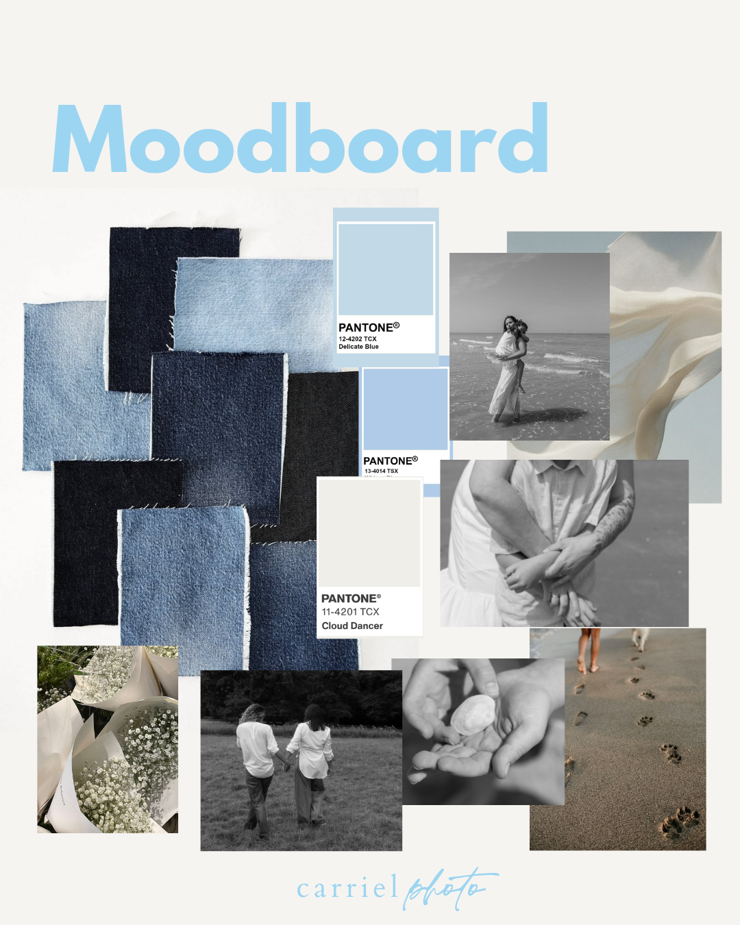 Photography moodboard featuring blue Pantone swatches, denim textures, and black and white family photos.