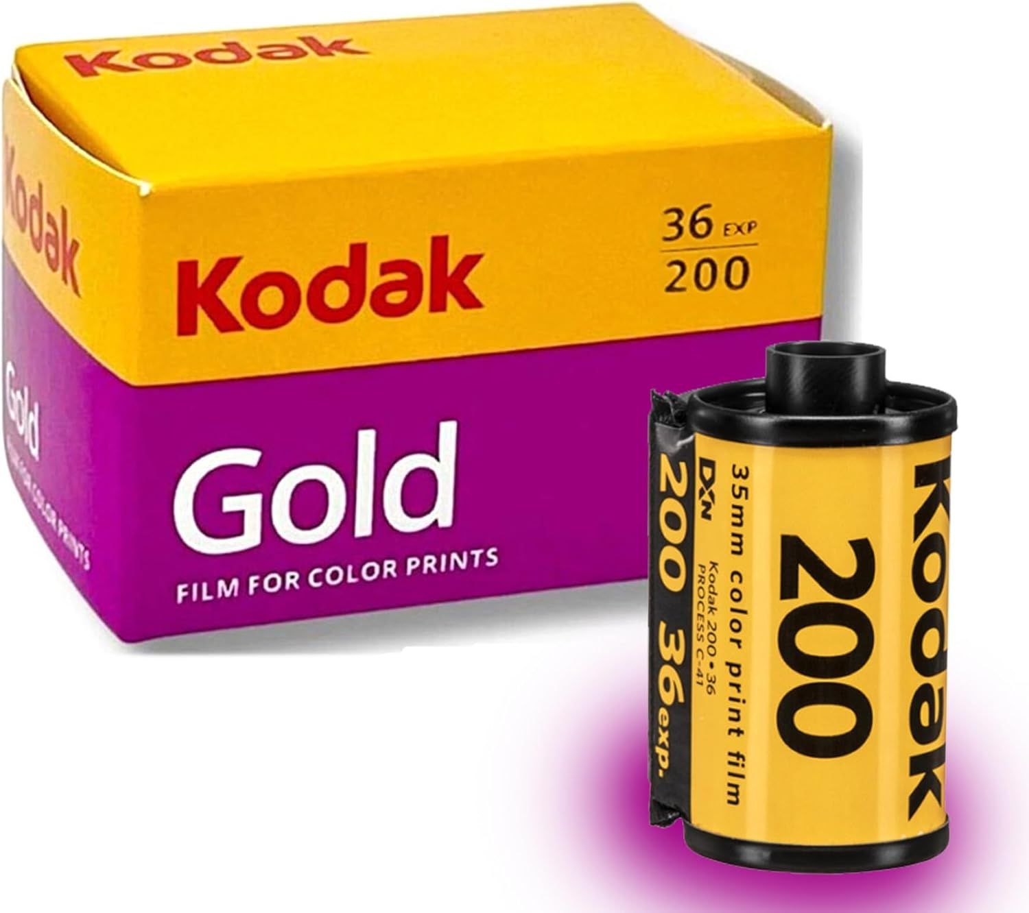 Kodak Gold 200 35mm color print film, 36 exposures, shown with box and film canister.