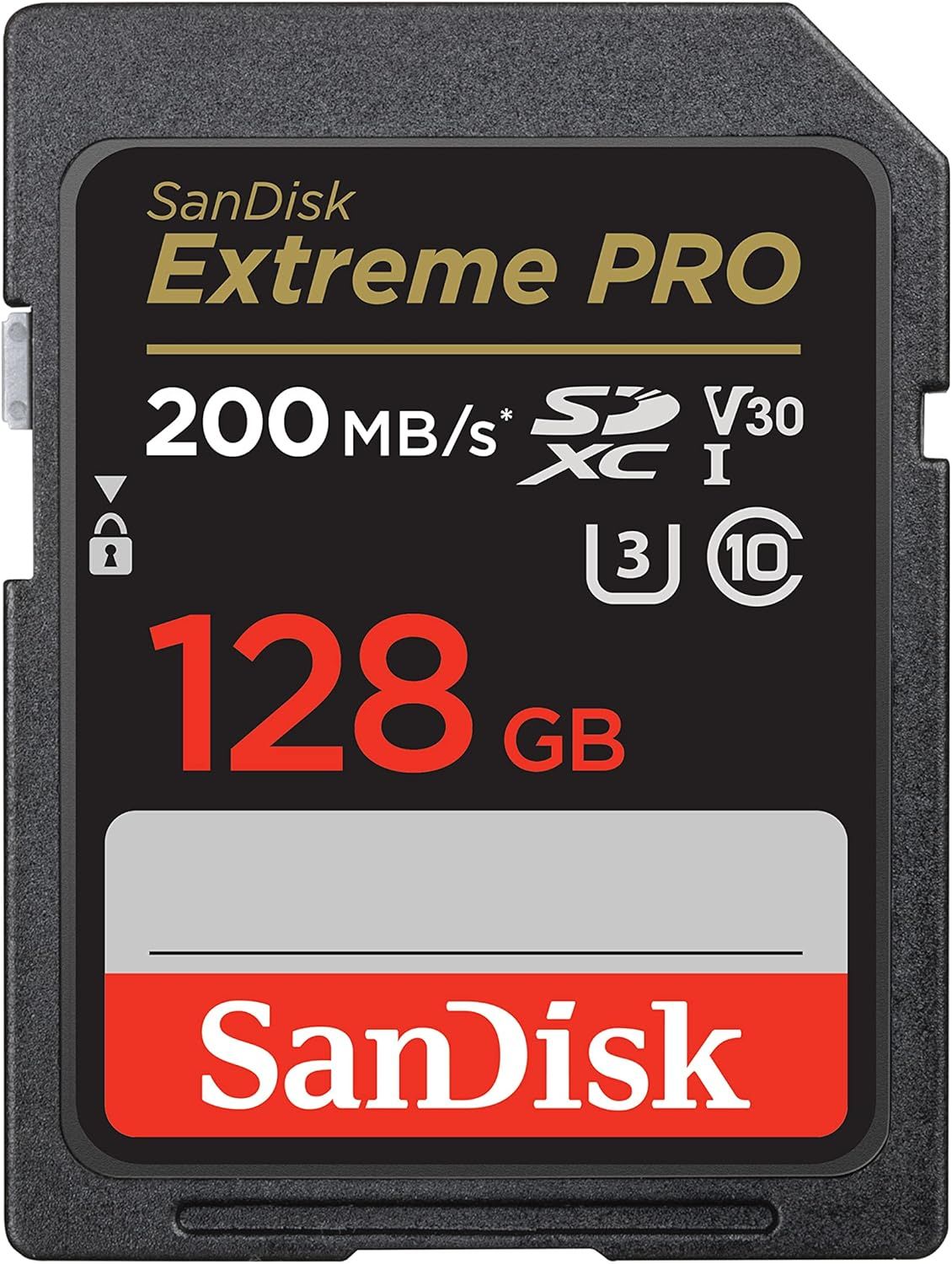 SanDisk Extreme PRO 128GB SDXC UHS-I memory card with 200MB/s read speed, V30, U3, Class 10 rating.