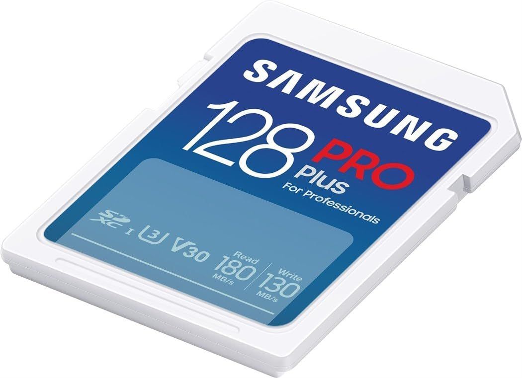 Samsung PRO Plus 128GB SDXC UHS-I U3 V30 memory card for professionals with read speed 180MB/s.
