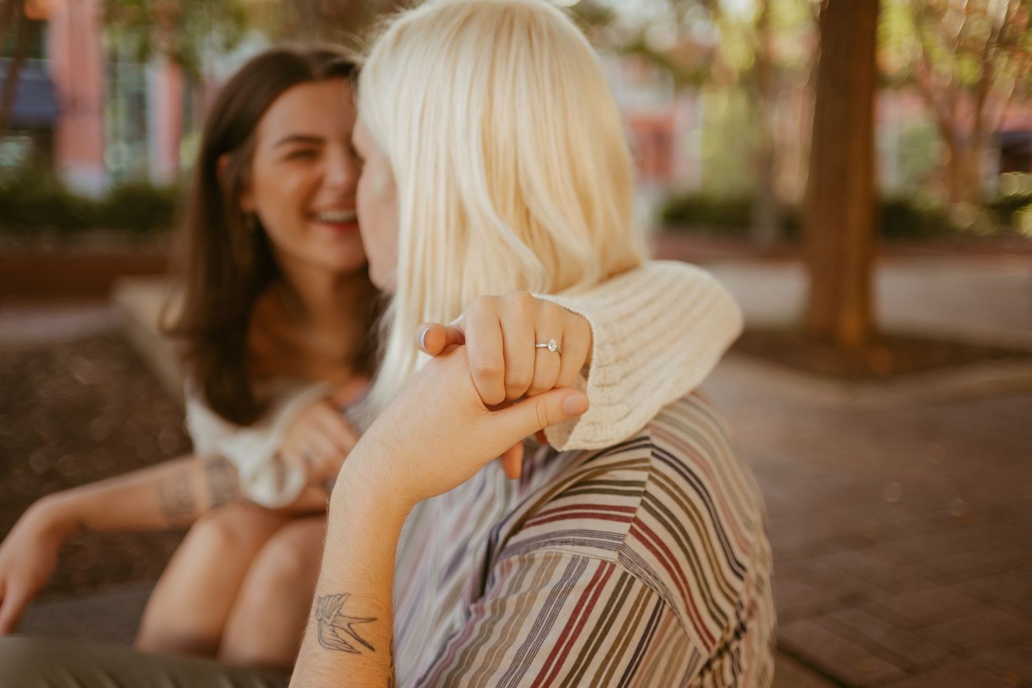 A collection of warm-toned outdoor photos showing people enjoying a casual gathering in natural lighting.