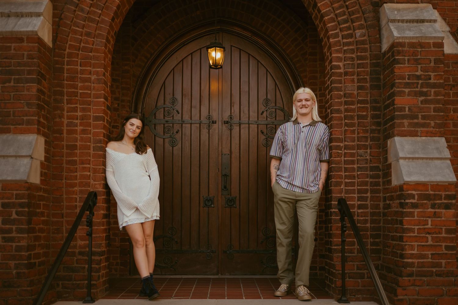 Outdoor photo series against a brick wall showcasing casual clothing and formal attire with wooden door backdrop.