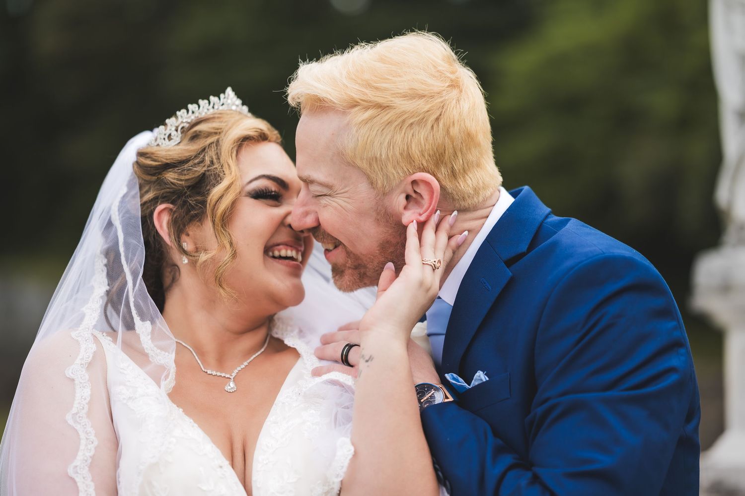 A series of romantic wedding photos showing intimate moments between a bride and groom outdoors.