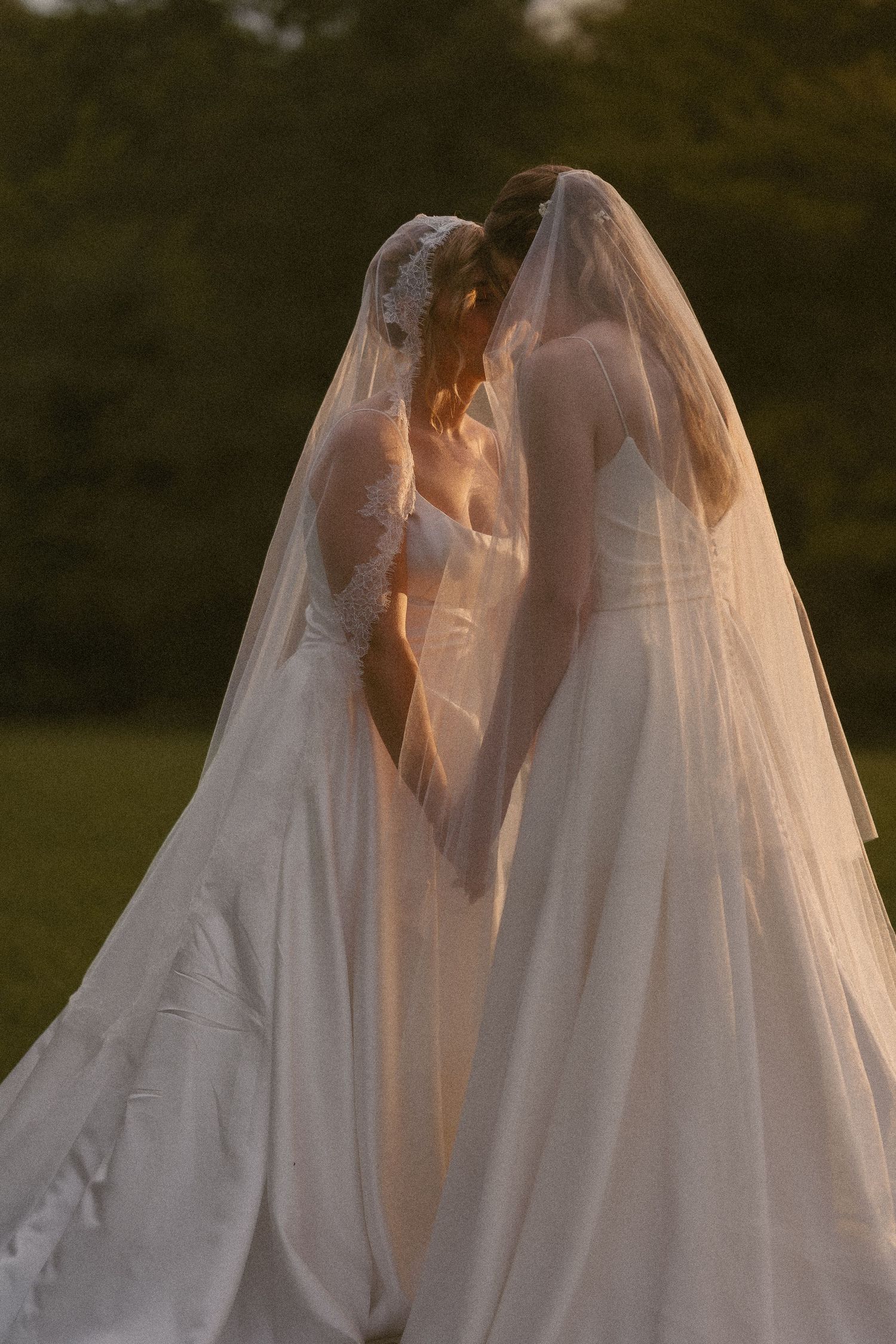 Ethereal wedding veils catch the golden sunlight filtering through trees in a forest setting.