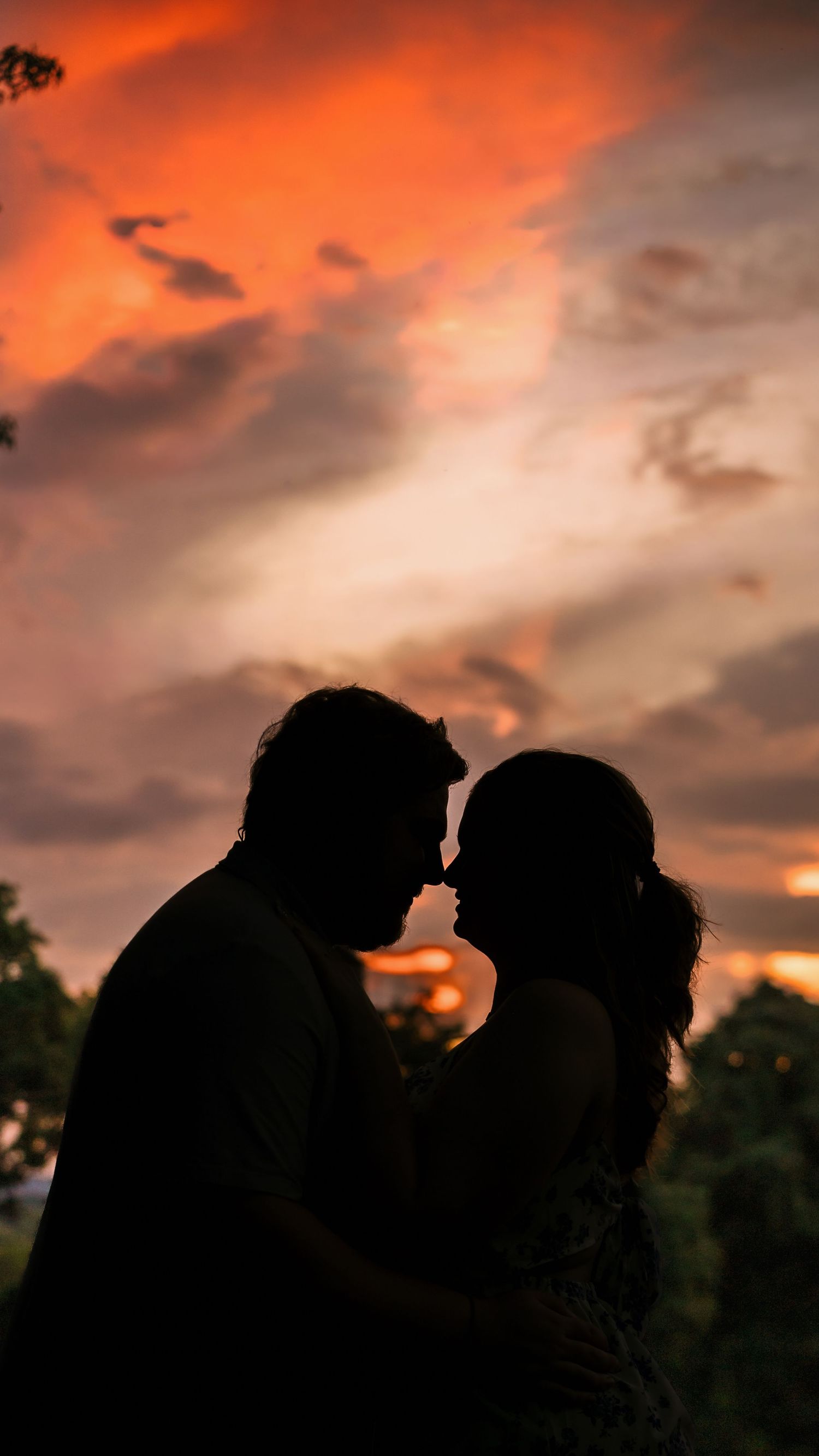 Two horses silhouetted against dramatic orange and pink sunset sky share an intimate moment at dusk.