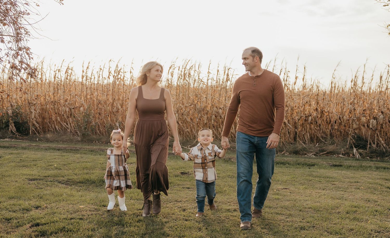 Family of four walks hand-in-hand through a green field with tall golden corn stalks in the background.