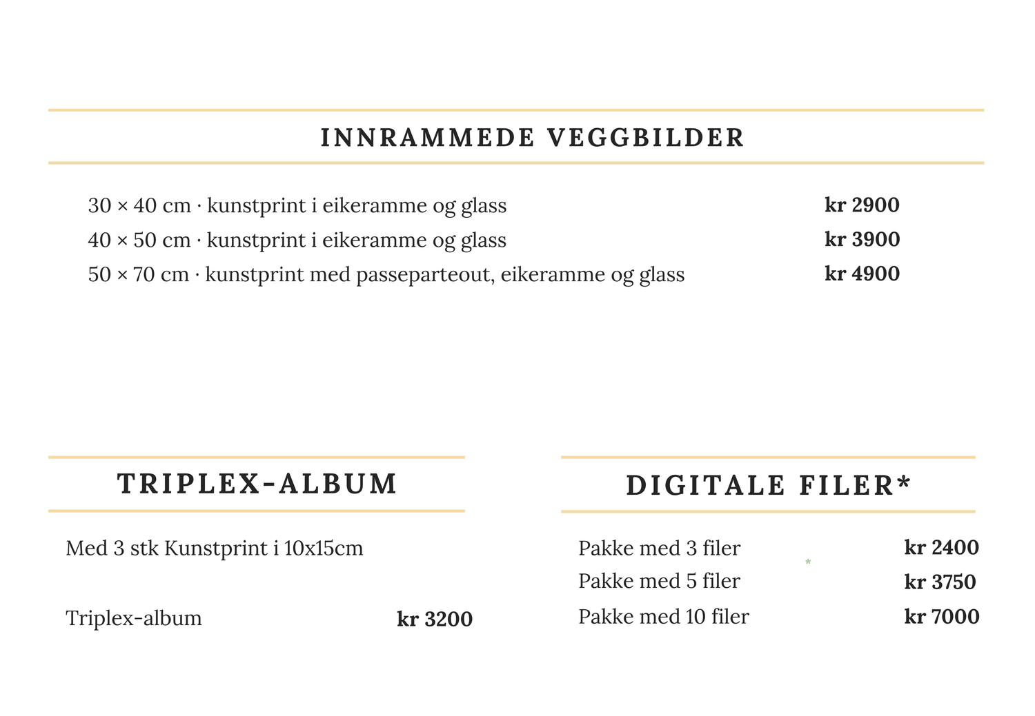 Prisoversikt for innrammede hundeportretter, Triplex-album og digitale bilder fra hundefotografering hos MØ Dyrefoto i Oslo.