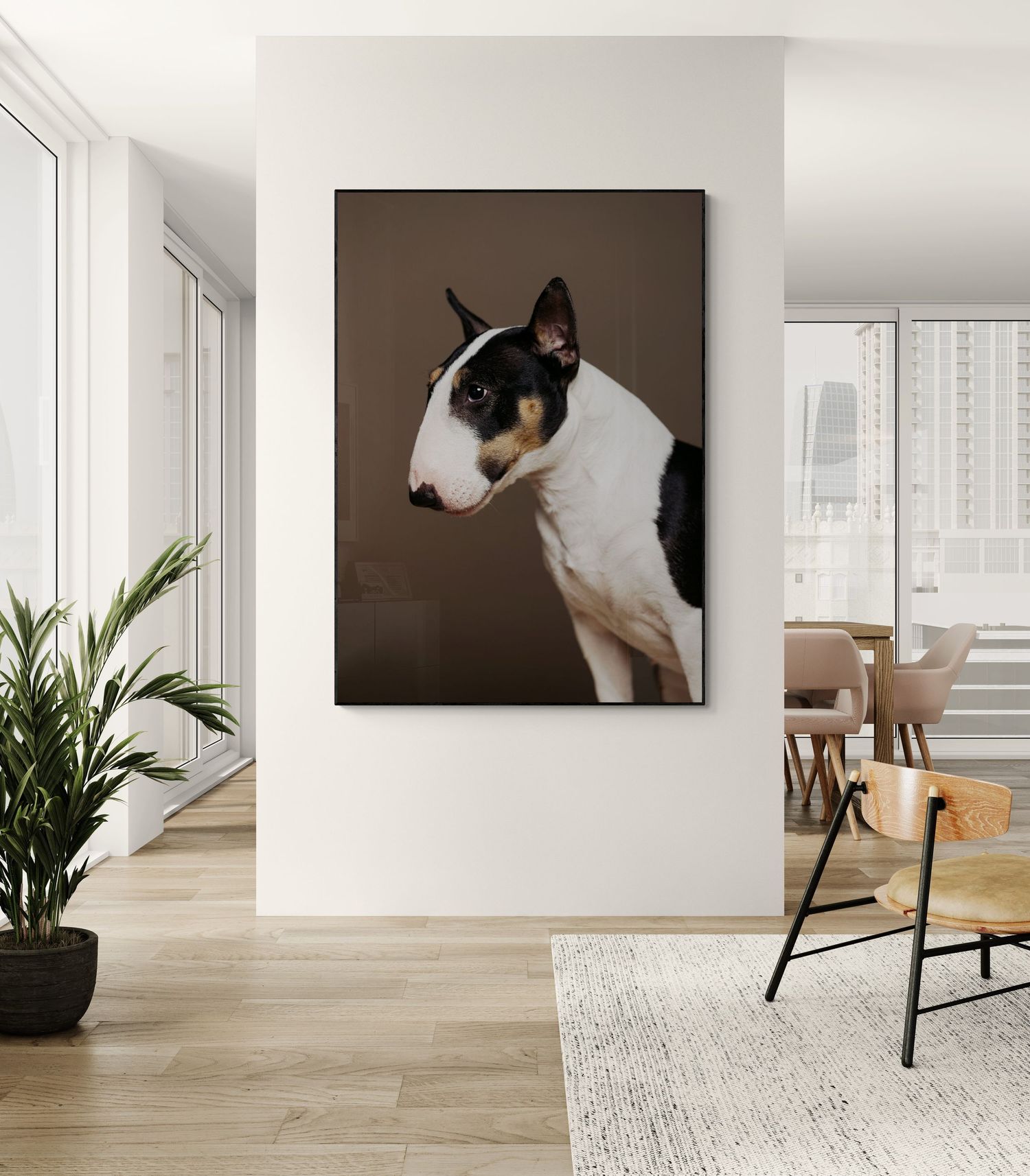 Bull terrier portrett som veggkunst – studioportrett fra hundefotograf i Oslo