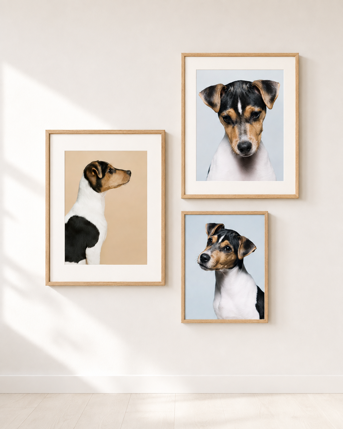 Tre innrammede veggbilder med portretter av brasiliansk terrier, fotografert hos MØ Dyrefoto.