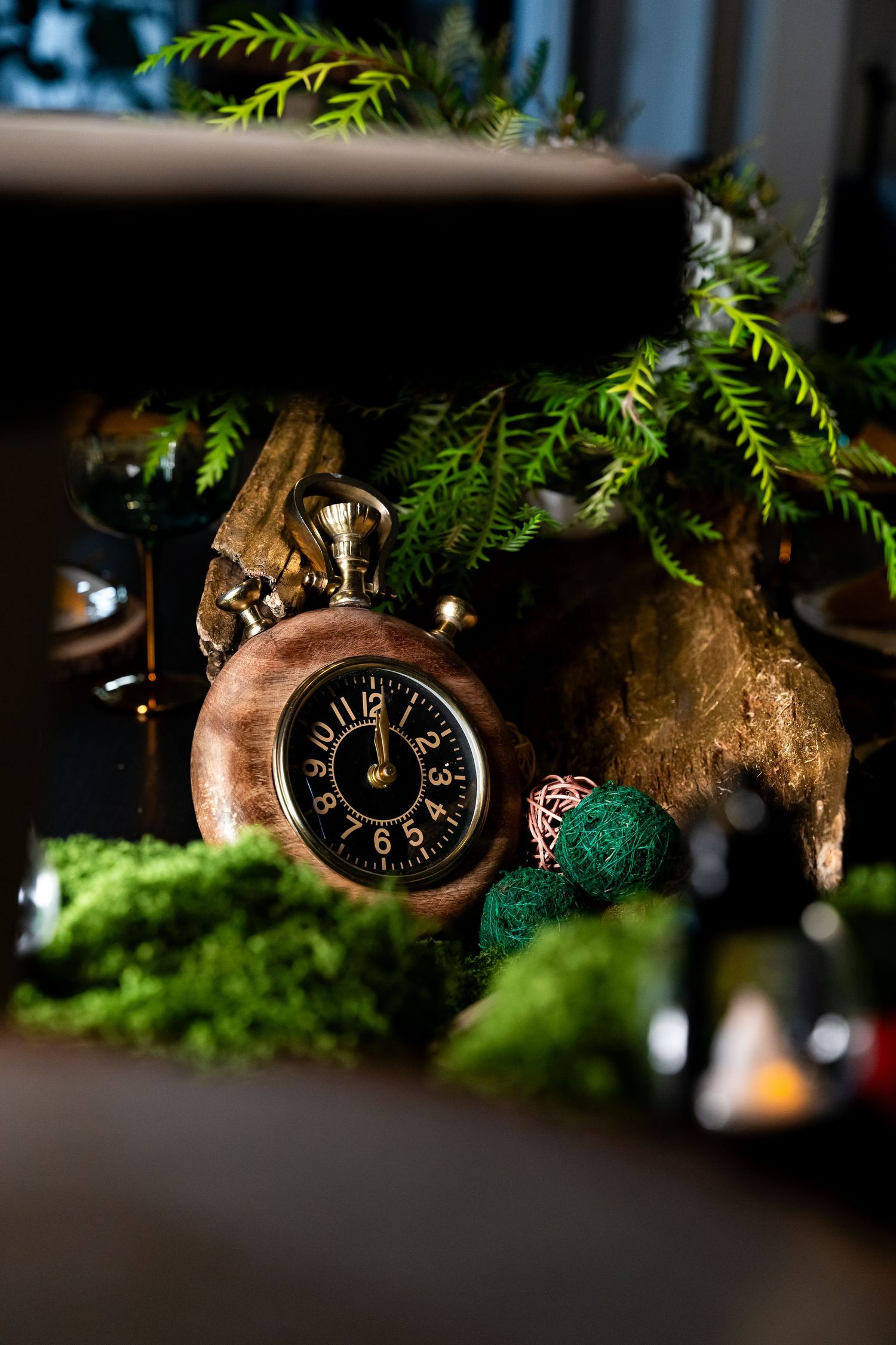 Vintage pocket watch surrounded by ferns and moss in a moody, dark setting.