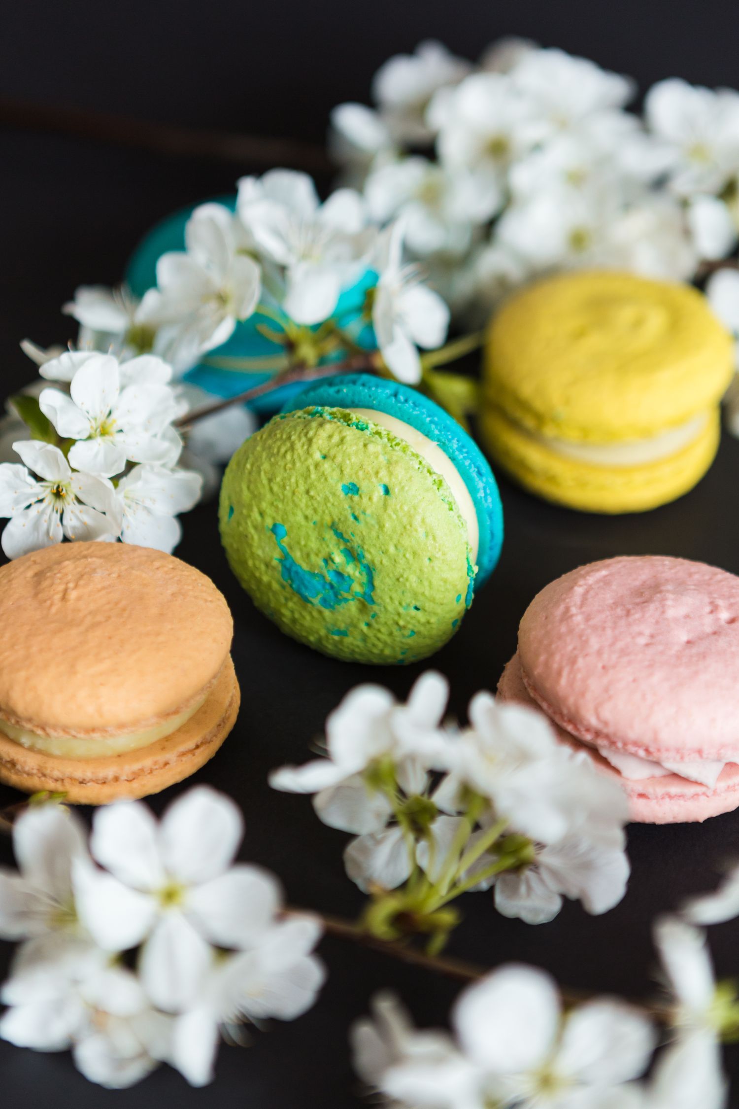 Colorful macarons arranged with white cherry blossoms on dark background.