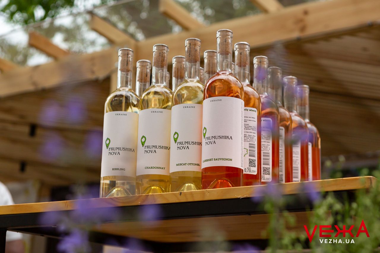Row of wine bottles displayed on wooden shelf with different colored varieties.
