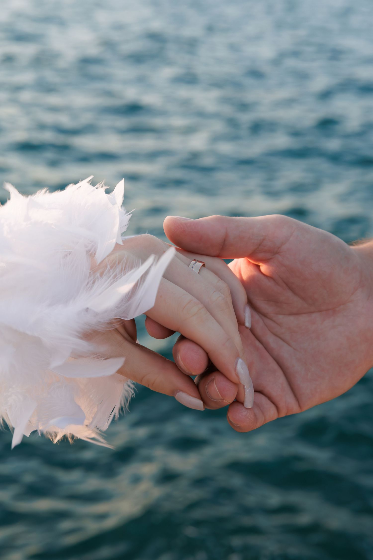 Two hands reaching towards each other with white feathers floating between them against a blurred ocean background.