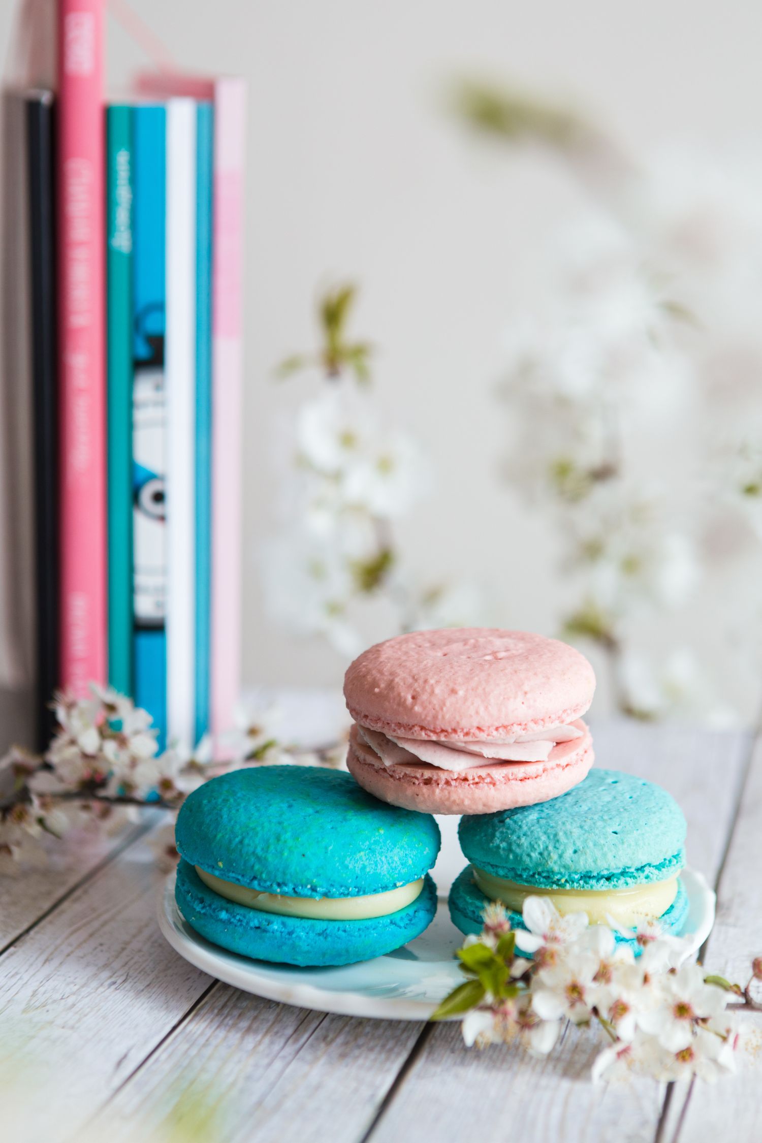 Three pastel macarons with spring blossoms and books in soft lighting.