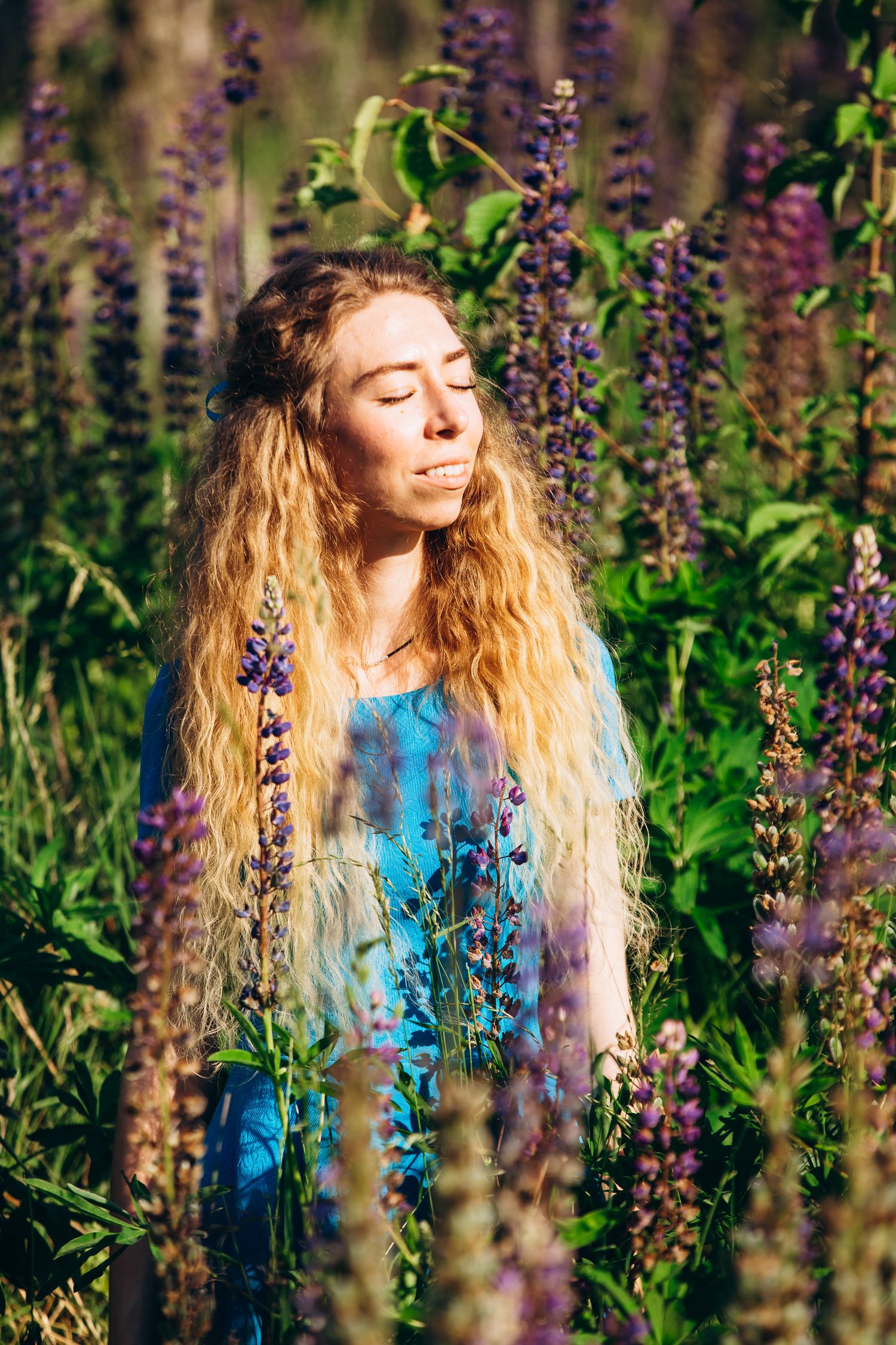 Dreamy portrait among purple lupines wearing flowing blue dress in sunlight.