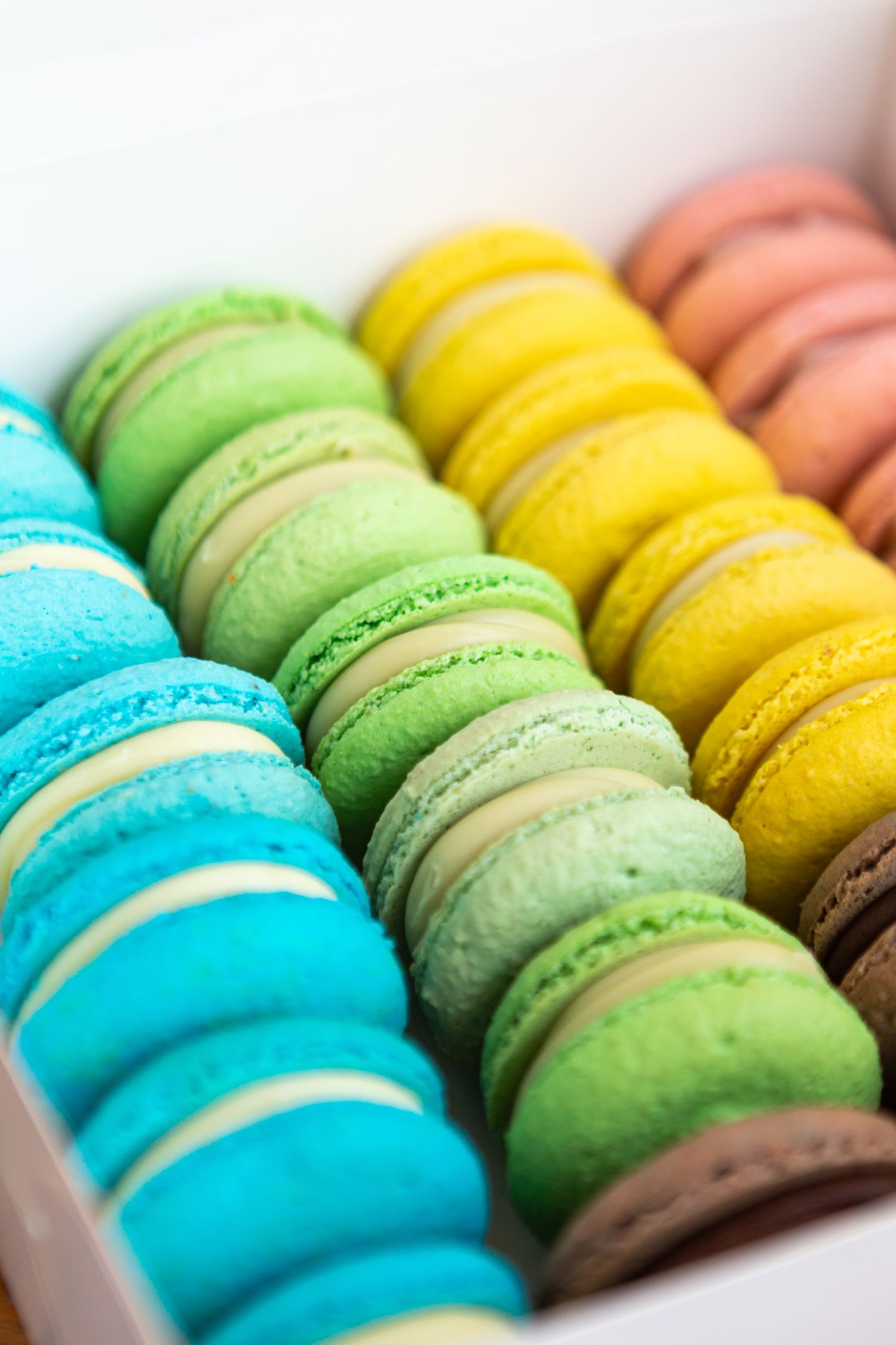 Rows of colorful macarons in blue, green, yellow and brown arranged diagonally.