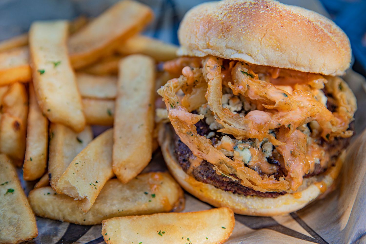 Burger with onion strings and fries